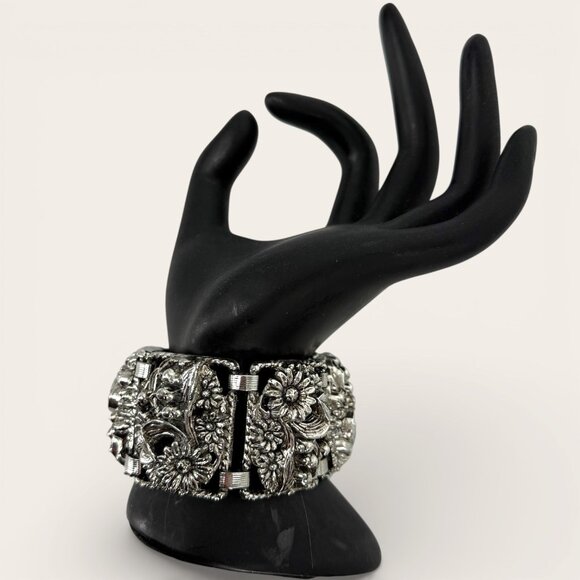 Vintage Sarah Coventry Floral SilverTone Panel Bracelet Antique Garden Sunflower - Picture 2 of 12